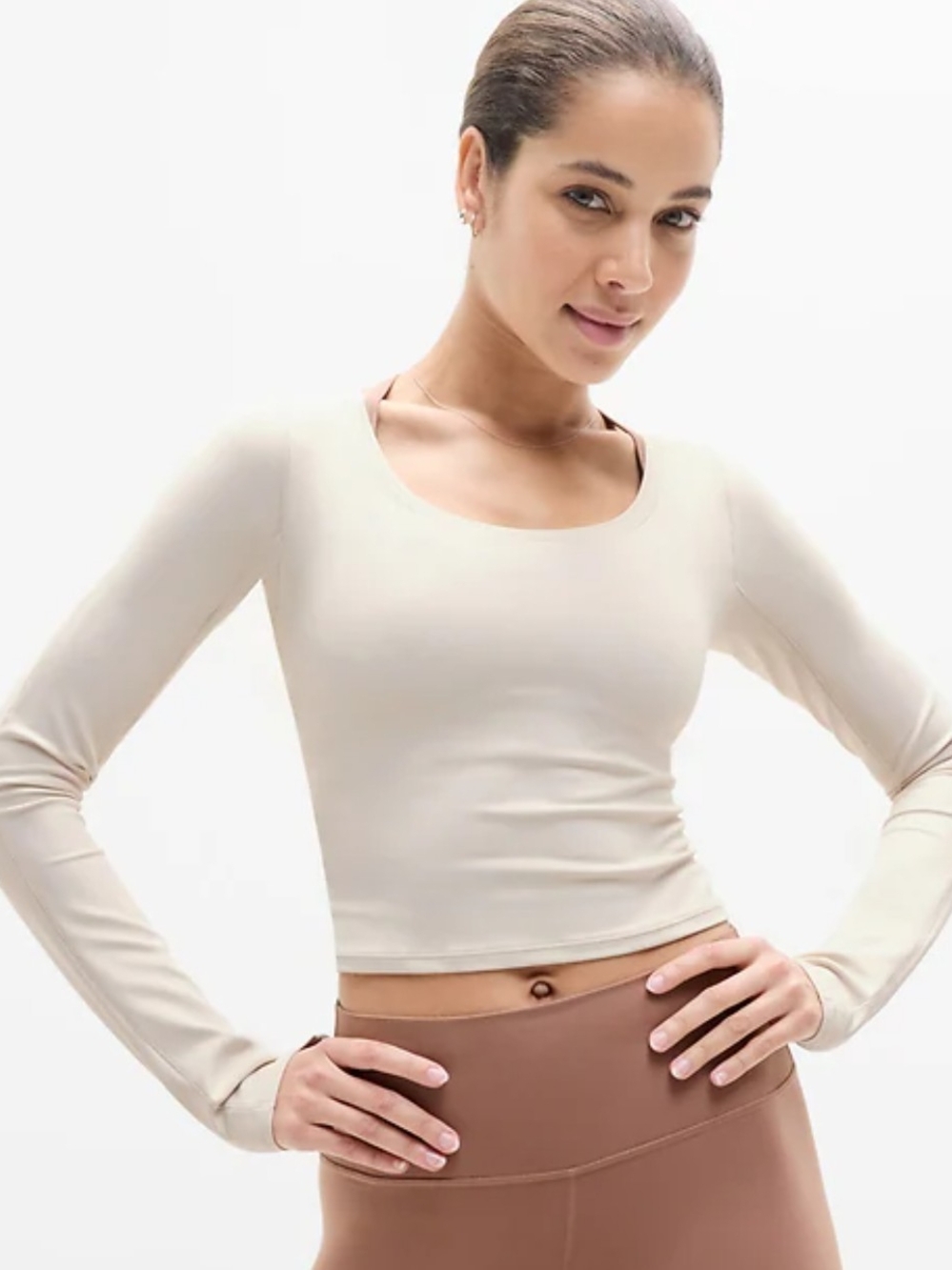 Athleta Scoop Neck Long Sleeve Crop Top - Light Cream Sz S